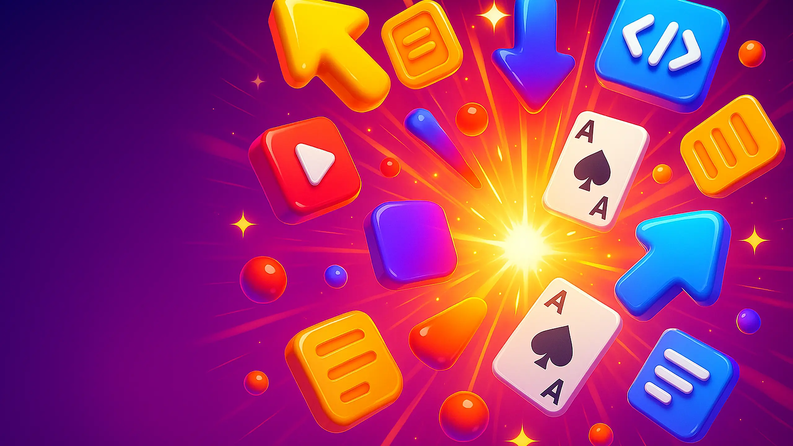 A candy-colored studio scene with glossy arrows, playing cards, speech bubbles, and a small cast of characters.